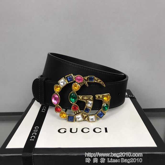 GUCCI古馳 官網新款 正品規格 原單品質 雙面進口頭層對版定制皮料 彩色寶石復古金GG扣 時尚百搭款皮帶  xfp1319